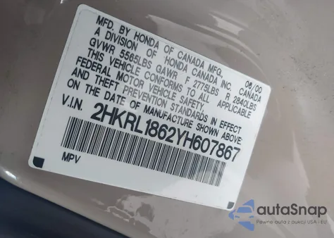 2000 Honda Odyssey Ex z USA, uszkodzony, nr VIN 2HKRL1862YH607867